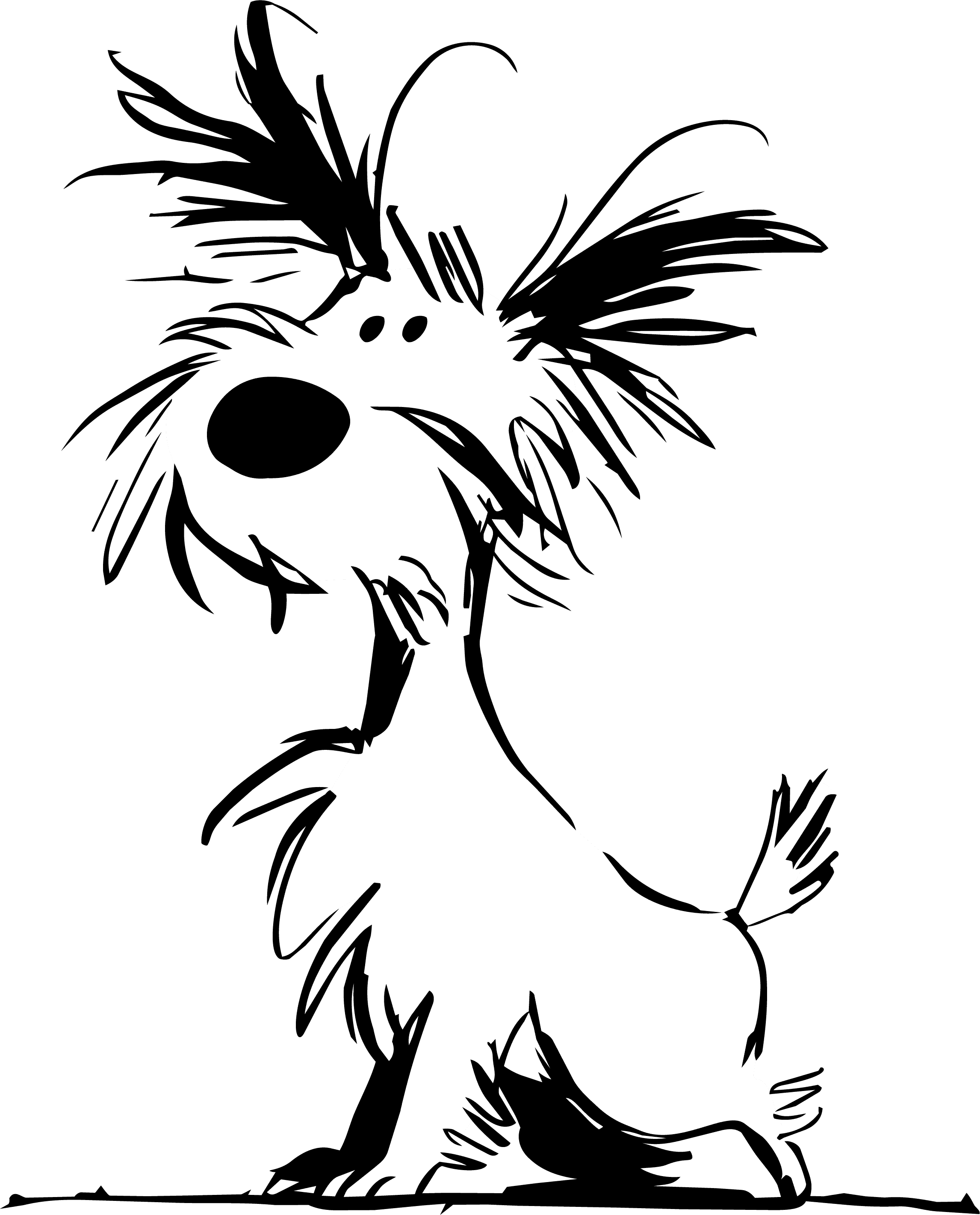 Ilustración en blanco y negro de un perro feliz y peludo, con las orejas esponjadas, de pie con orgullo.